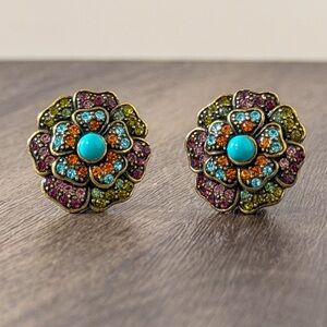 Retired Heidi Daus MultiColor Floral Crystal Earrings Turquoise Statement